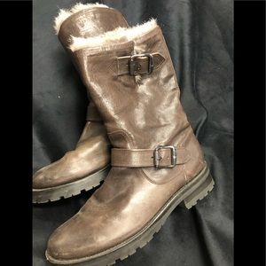 Frye Engineer boot with rabbit fur lining brown